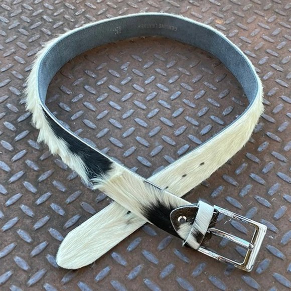 Real Fur Belt WhiteBlack Tone Genuine Leather Waistband Handmade Belt Size 38 - Picture 6 of 7